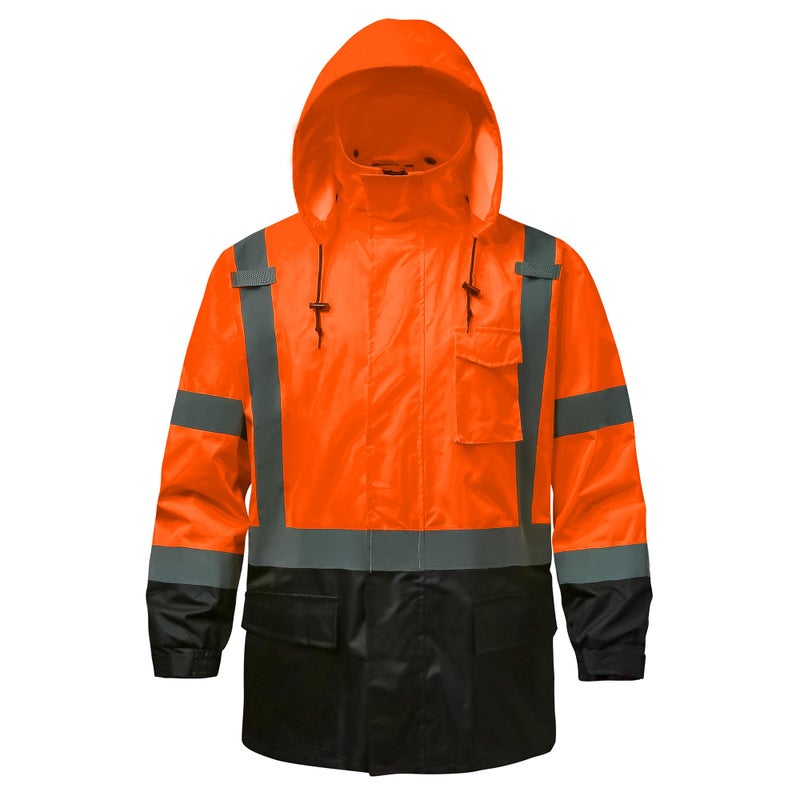 DPSAFETY Reflective Rain jackets for men waterproof,Hi Vis Safety Coat With Reflective Strips,High Visibility Class 3 Rain jackets With 2 large pockets,Zipper,Black Bottom Orange,LG/XL - Image 1